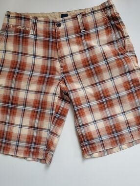 GAP Men's Plaid Flat-Front Shorts - Orange, Tan, Blue